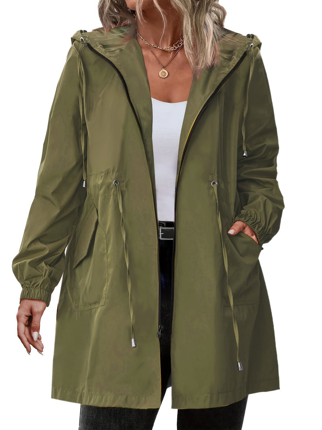 Women's long hooded raincoat with zip front, drawstring waist and front pockets