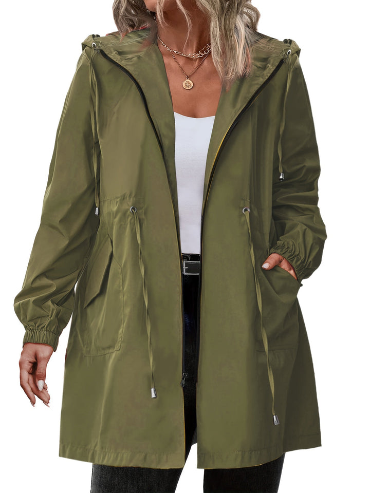 Women's long hooded raincoat with zip front, drawstring waist and front pockets