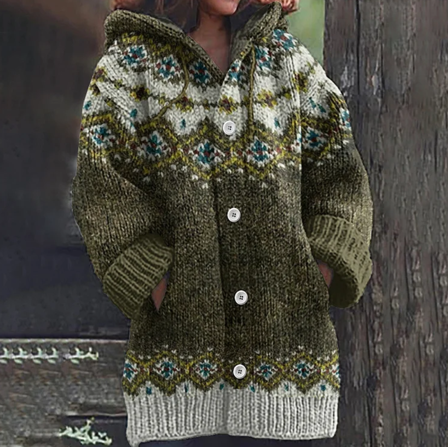 Women's multicoloured Nordic patterned hooded knit cardigan with buttons and front pockets