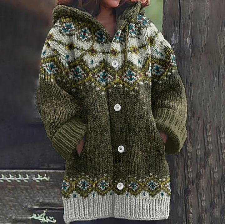 Women's multicoloured Nordic patterned hooded knit cardigan with buttons and front pockets