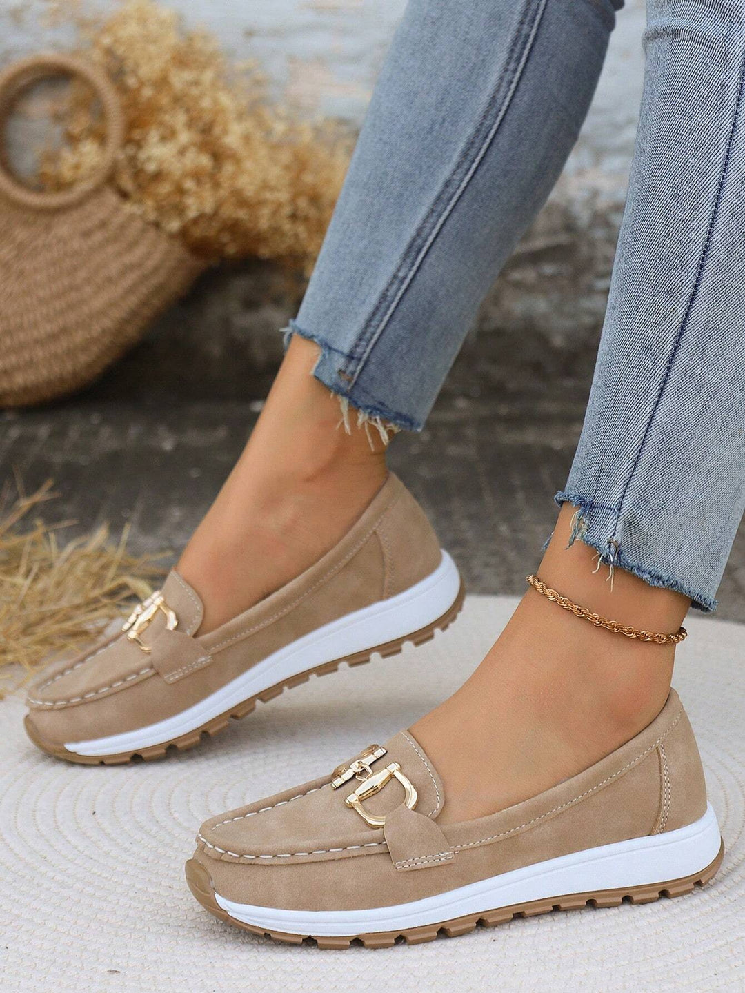 Women's Beige Loafer, Horsebit Detail, White Sole