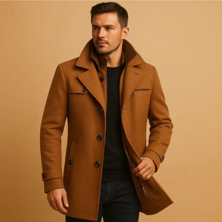 Men's structured winter coat with high collar, button and zip front, chest pocket and adjustable cuffs