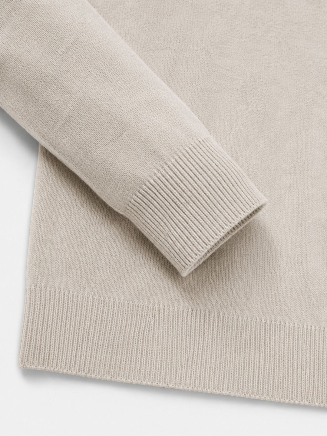 Men's beige crew neck sweater with half-zip and ribbed cuffs