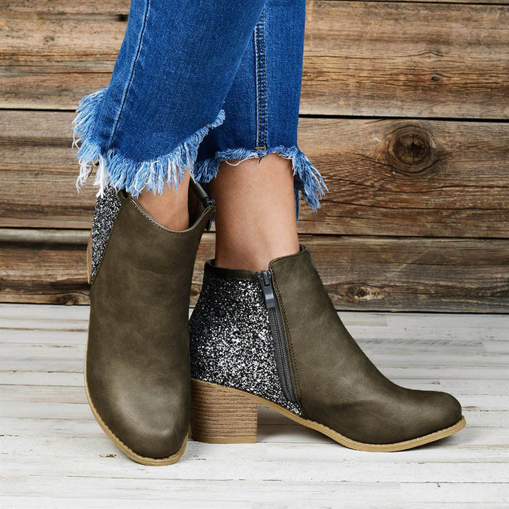 Women's ankle boots with glitter side panels and chunky block heels