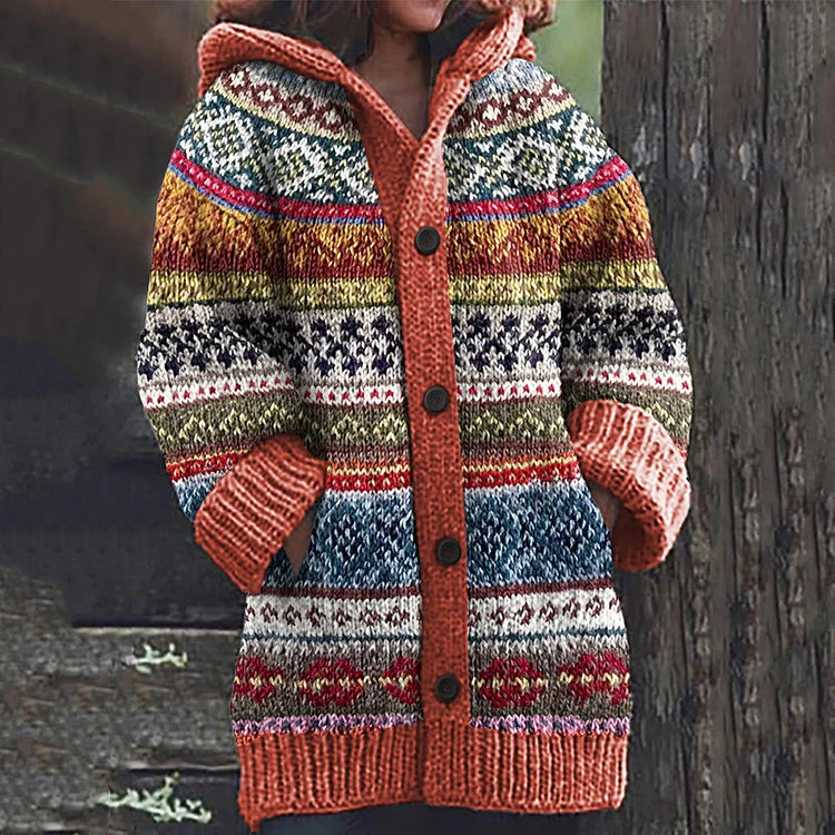 Women's multicoloured Nordic patterned hooded knit cardigan with buttons and front pockets