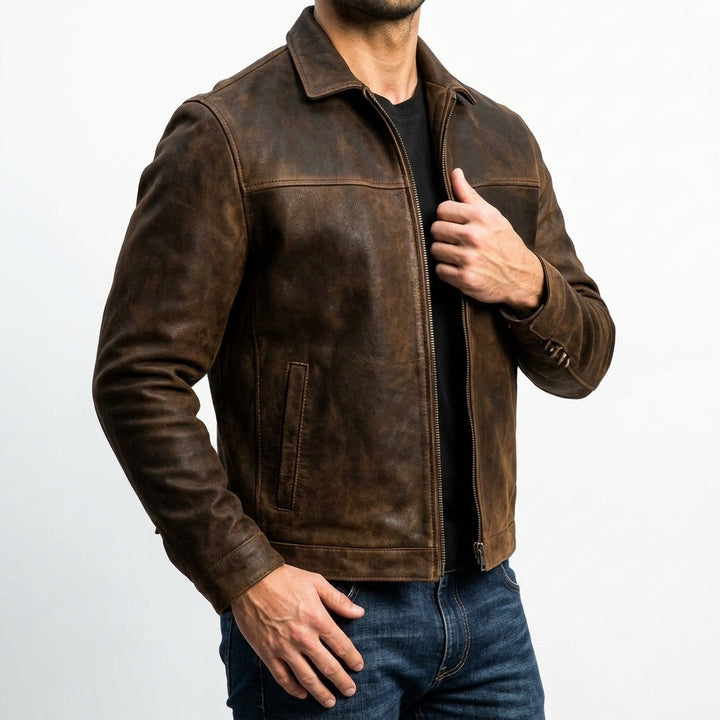 Men's collared textured jacket with long sleeves, chest pockets and front zip