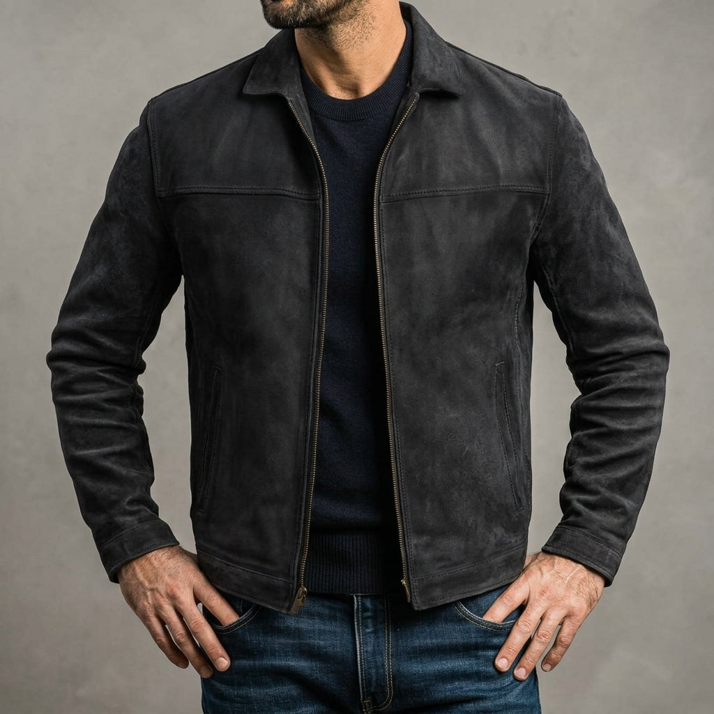 Men's collared textured jacket with long sleeves, chest pockets and front zip