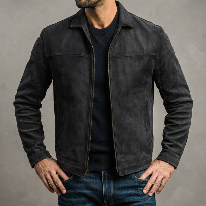 Men's collared textured jacket with long sleeves, chest pockets and front zip