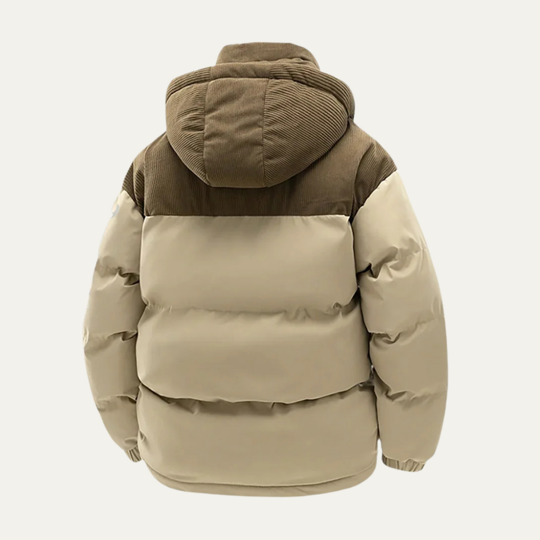 Men's hooded quilted puffer jacket with long sleeves and front zipper