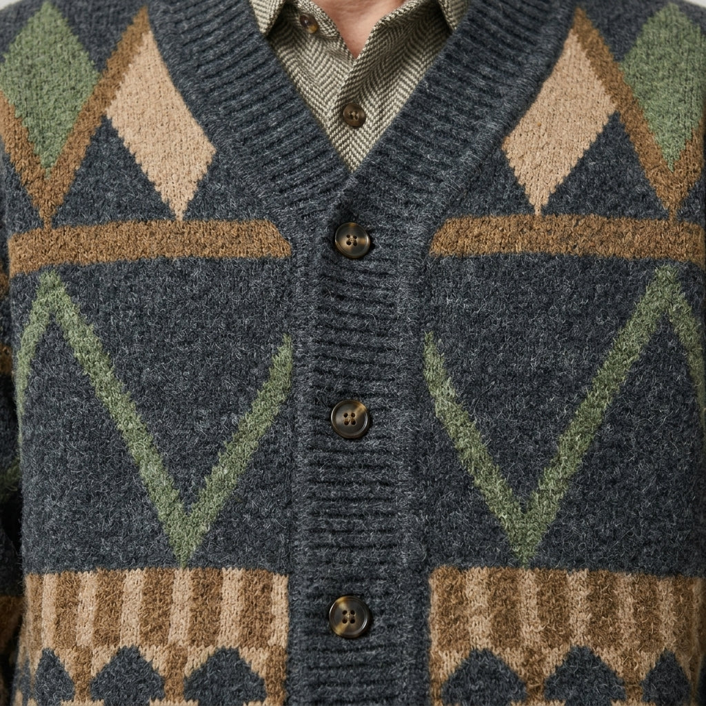 Men's multicoloured geometric knit button cardigan with V-neck and long sleeves