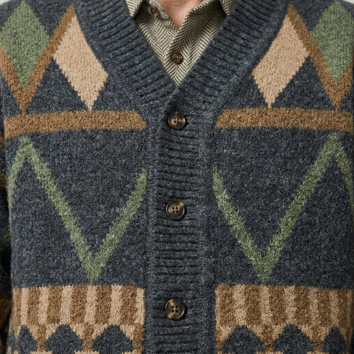 Men's multicoloured geometric knit button cardigan with V-neck and long sleeves