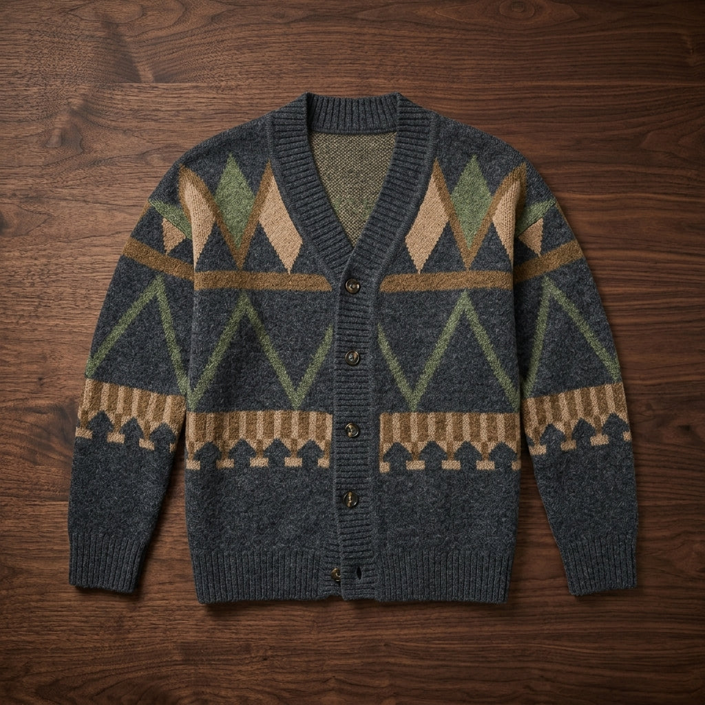 Men's multicoloured geometric knit button cardigan with V-neck and long sleeves
