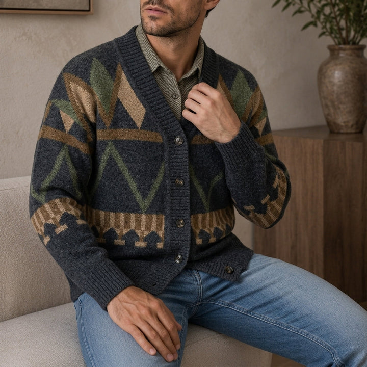 Men's multicoloured geometric knit button cardigan with V-neck and long sleeves