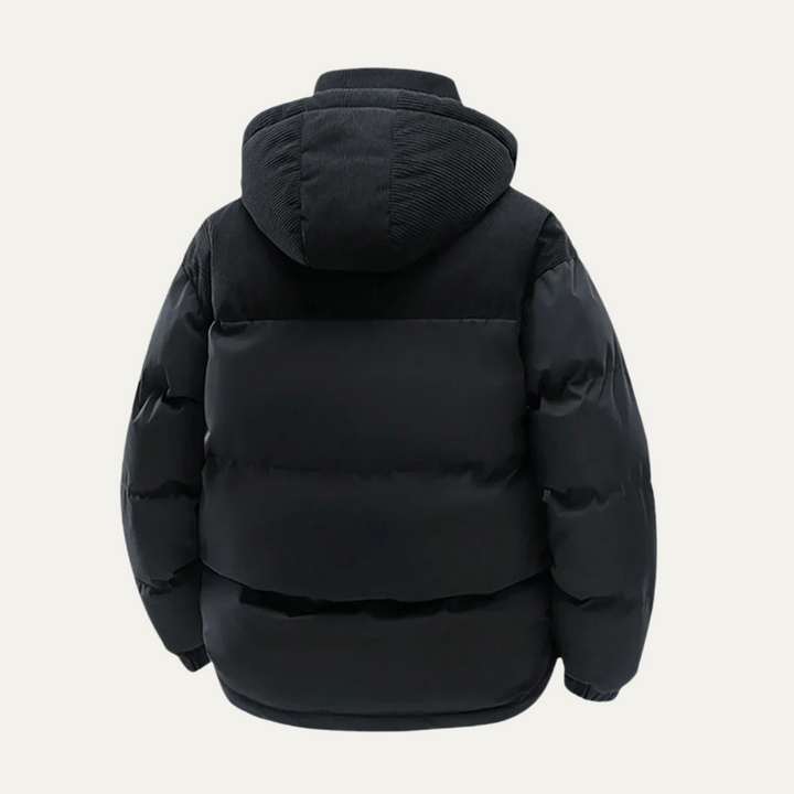 Men's hooded quilted puffer jacket with long sleeves and front zipper