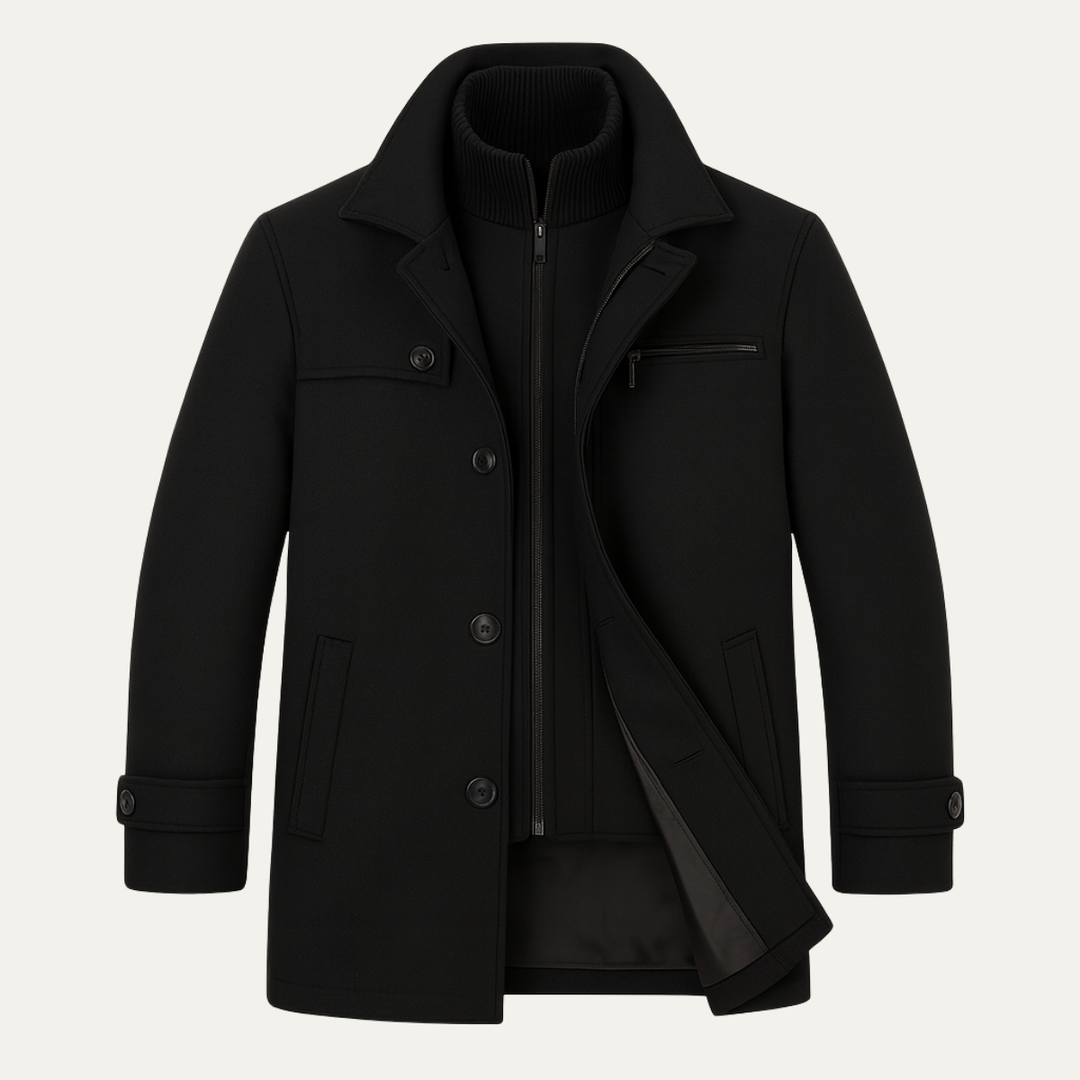Men's structured winter coat with high collar, button and zip front, chest pocket and adjustable cuffs