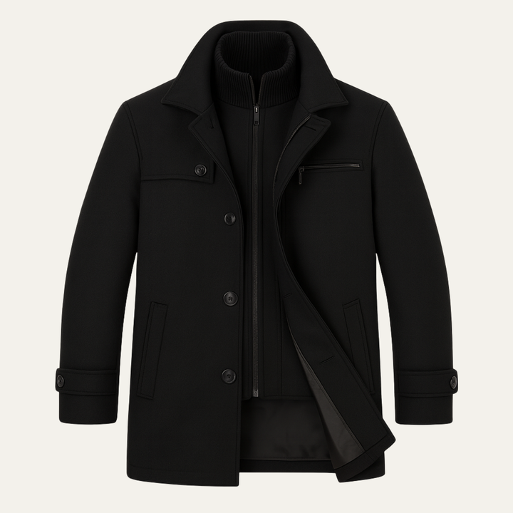 Men's structured winter coat with high collar, button and zip front, chest pocket and adjustable cuffs