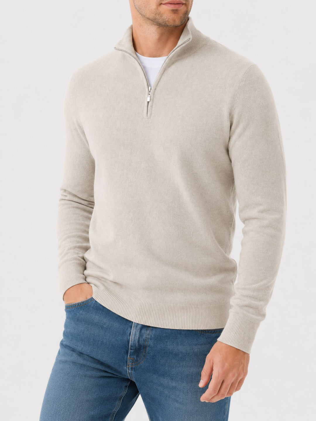 Men's beige crew neck sweater with half-zip and ribbed cuffs