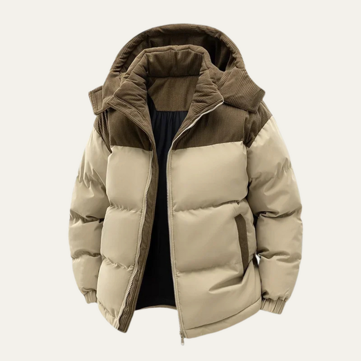Men's hooded quilted puffer jacket with long sleeves and front zipper
