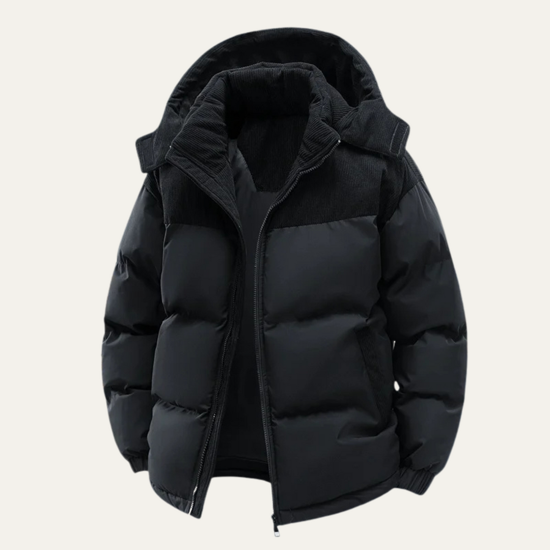 Men's hooded quilted puffer jacket with long sleeves and front zipper