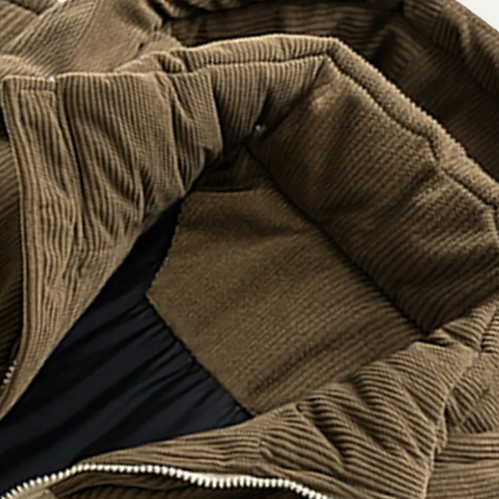 Men's hooded quilted puffer jacket with long sleeves and front zipper