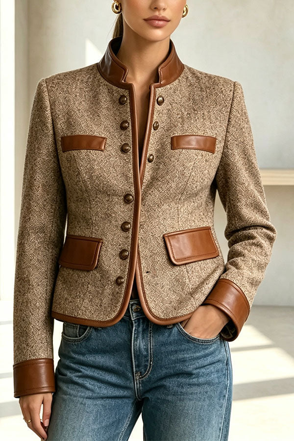Women's brown textured jacket with stand collar, contrast trims and four flap pockets