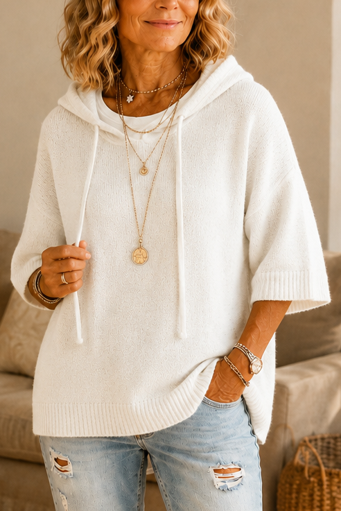Women's hooded knit hoodie with drawstrings, 3/4 sleeves and ribbed trims