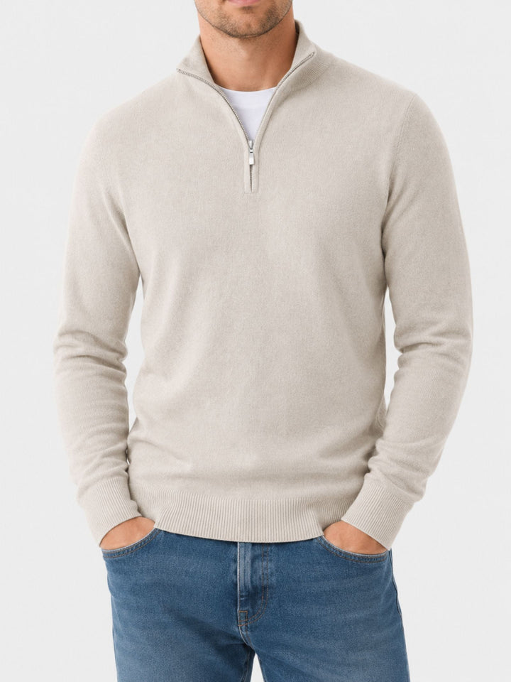 Men's beige crew neck sweater with half-zip and ribbed cuffs