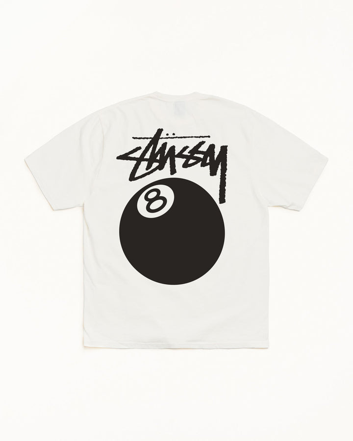 Unisex cream t-shirt with black 8 ball graphic print on front and back