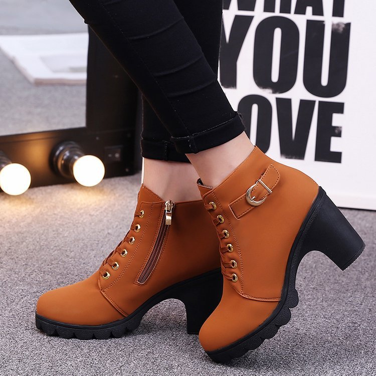 Women's lace-up heeled ankle boots with buckle straps