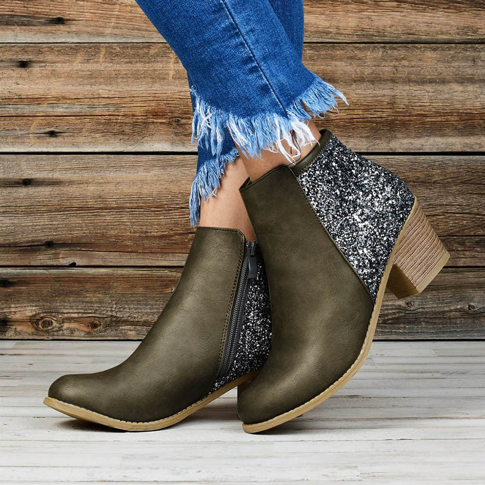 Women's ankle boots with glitter side panels and chunky block heels