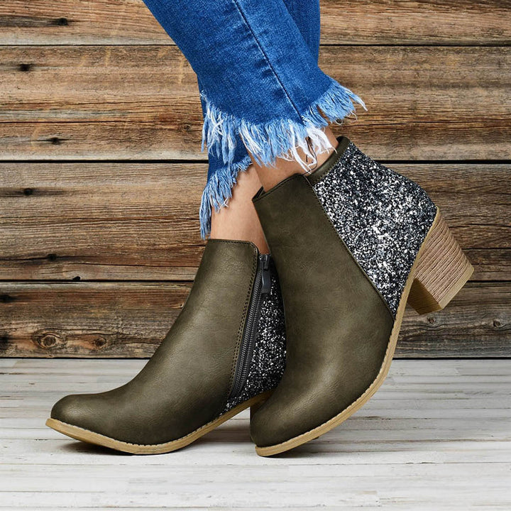 Women's ankle boots with glitter side panels and chunky block heels