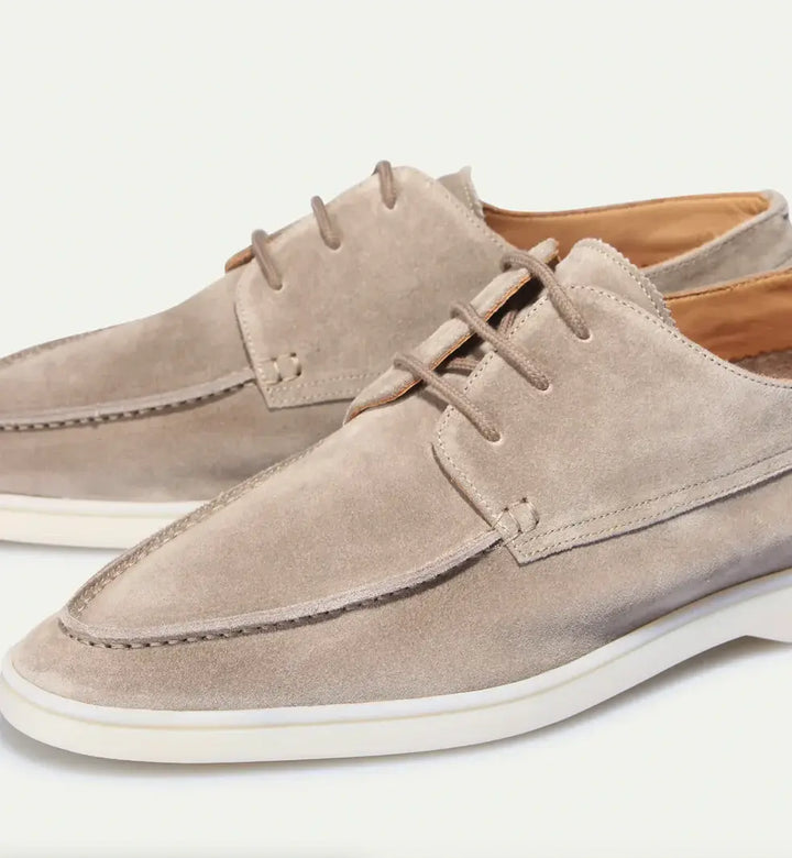Men's black and beige suede loafer with lace-up front and crepe sole
