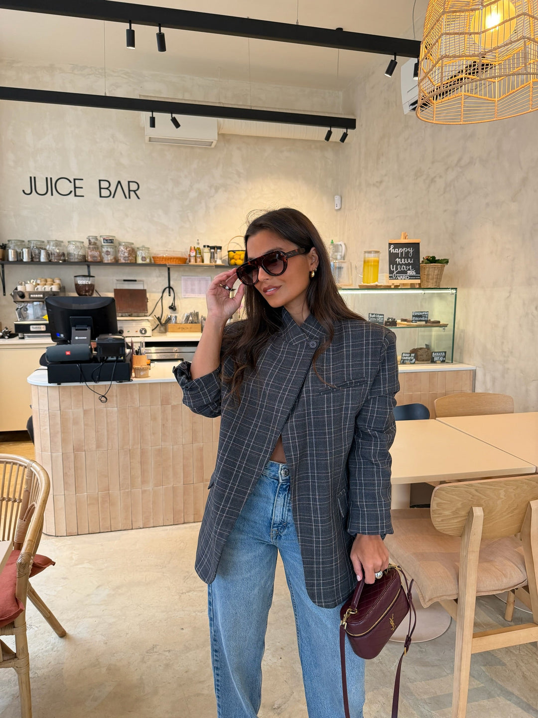 Women's pink plaid tweed blazer with double-breasted buttons and flap pockets