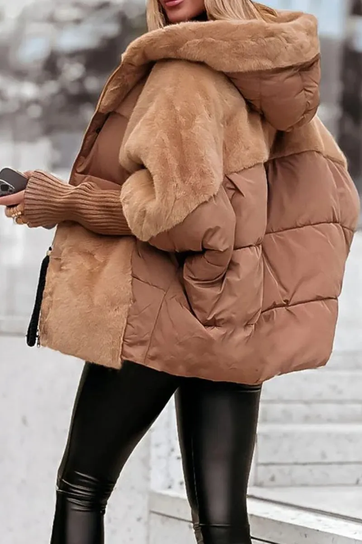 Women's hooded padded jacket with faux fur trim