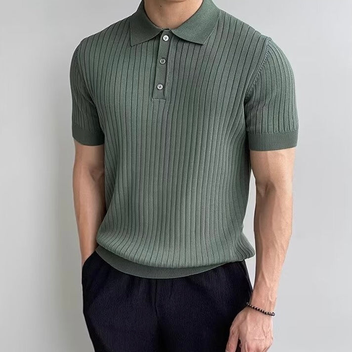 Men's ribbed polo shirt with short sleeves and button placket
