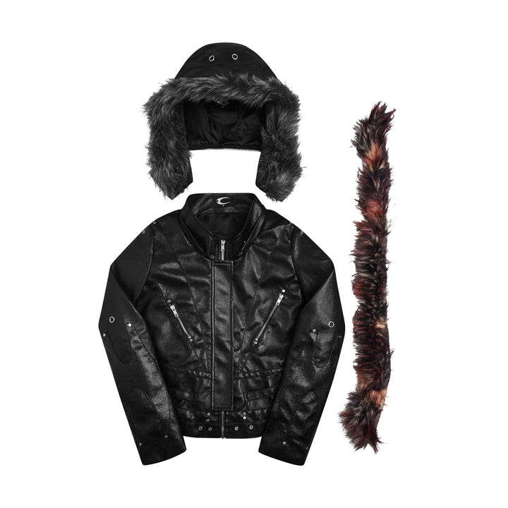 Black hooded jacket with trimmed hood, zip pockets and stud details