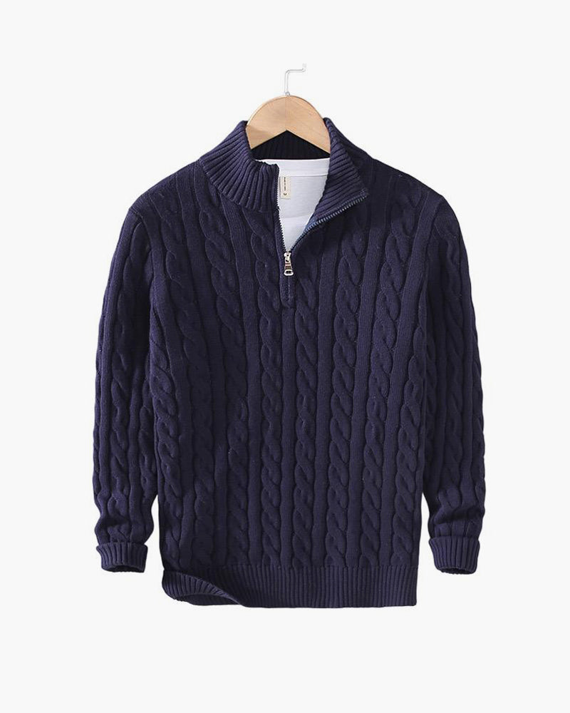 Men's cable knit quarter zip sweater with stand collar