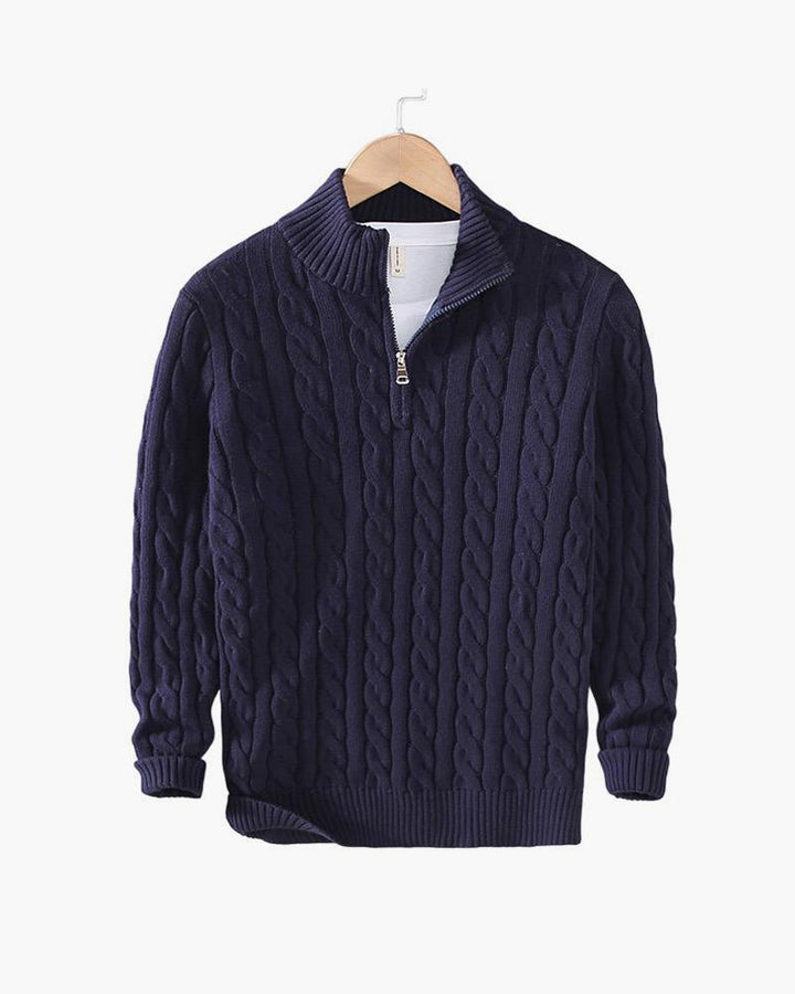 Men's cable knit quarter zip sweater with stand collar