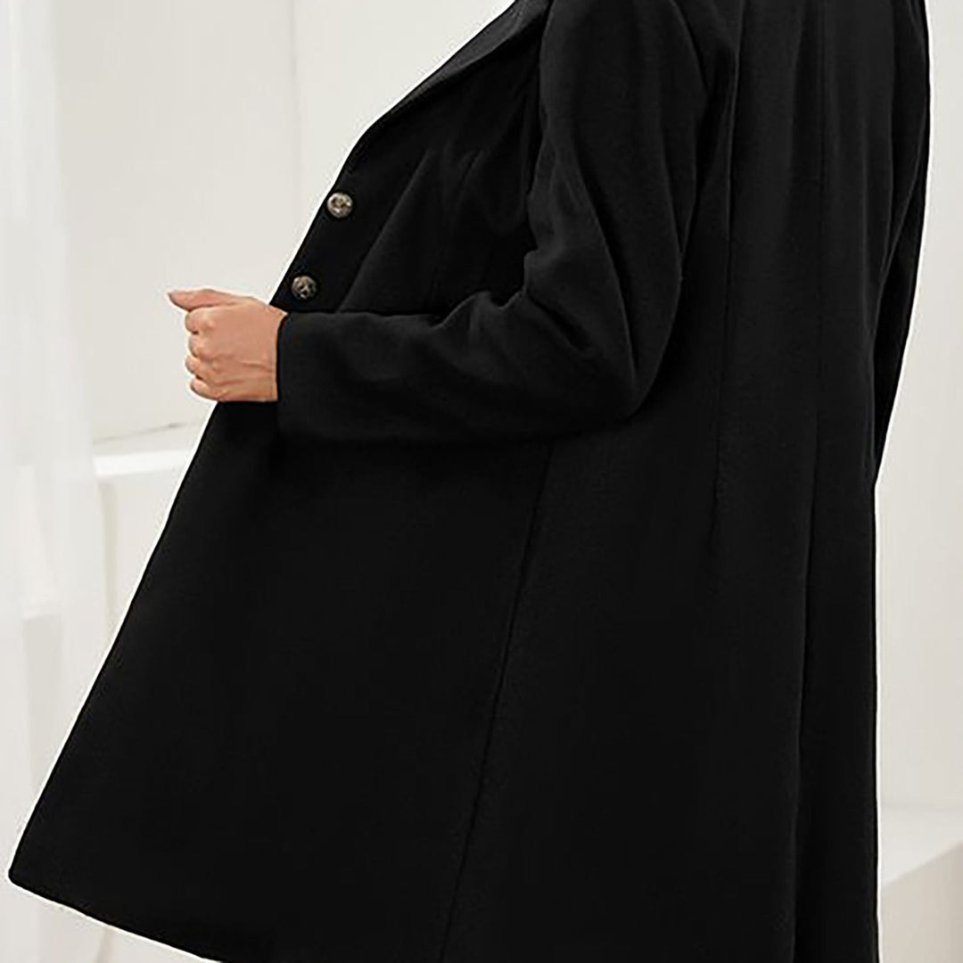 Women's long blazer coat with notched lapels and buttons