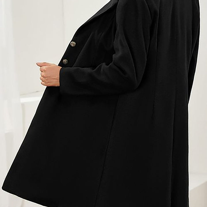 Women's long blazer coat with notched lapels and buttons