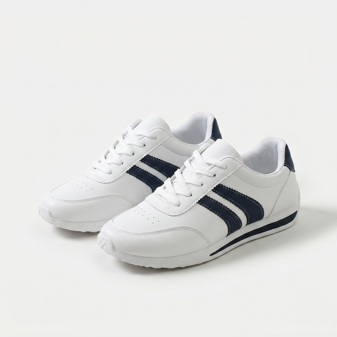 White lace-up trainers with navy side stripes and flat soles