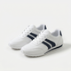 White lace-up trainers with navy side stripes and flat soles