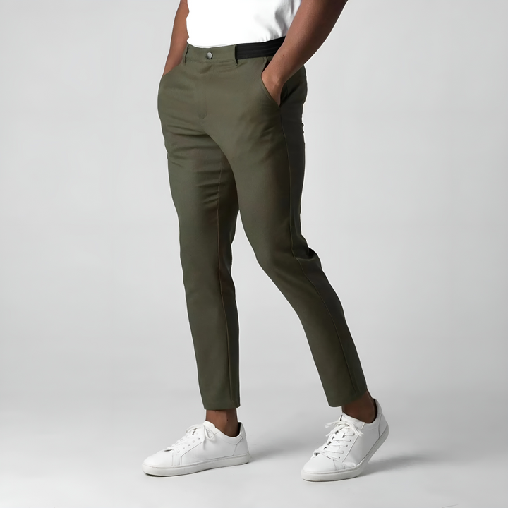 Men's slim tapered chino trousers with button fastening and ankle-length hems