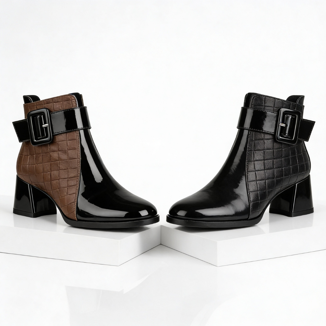 Quilted ankle boots with buckle strap and block heel