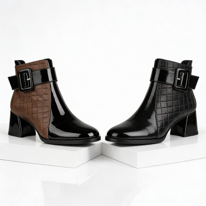 Quilted ankle boots with buckle strap and block heel