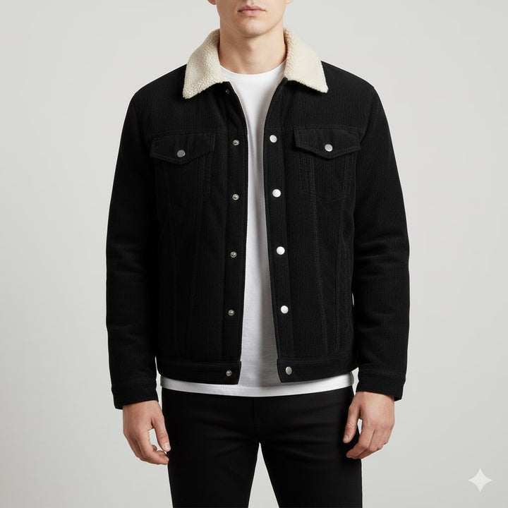 Men's corduroy jacket with textured collar, snap fastening and flap pockets