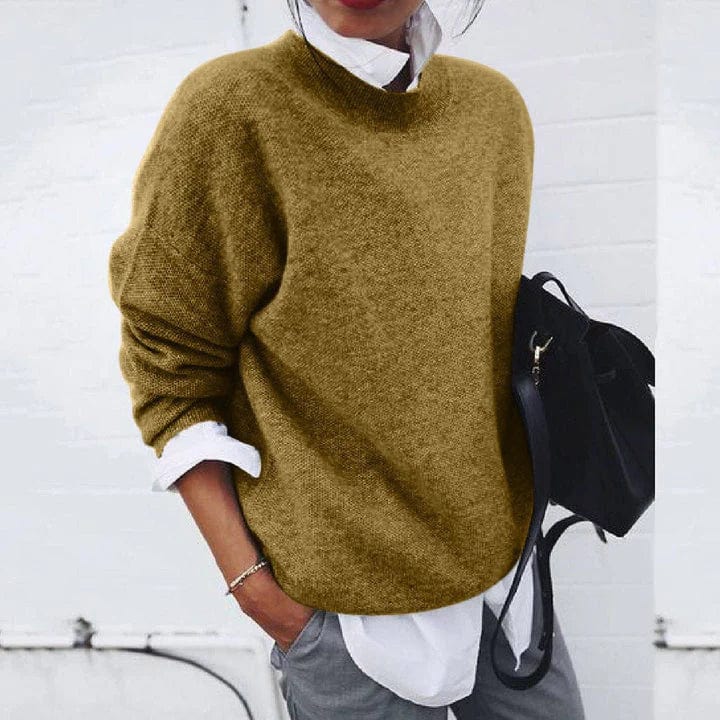 Women's plain knit jumper with crew neck and long sleeves