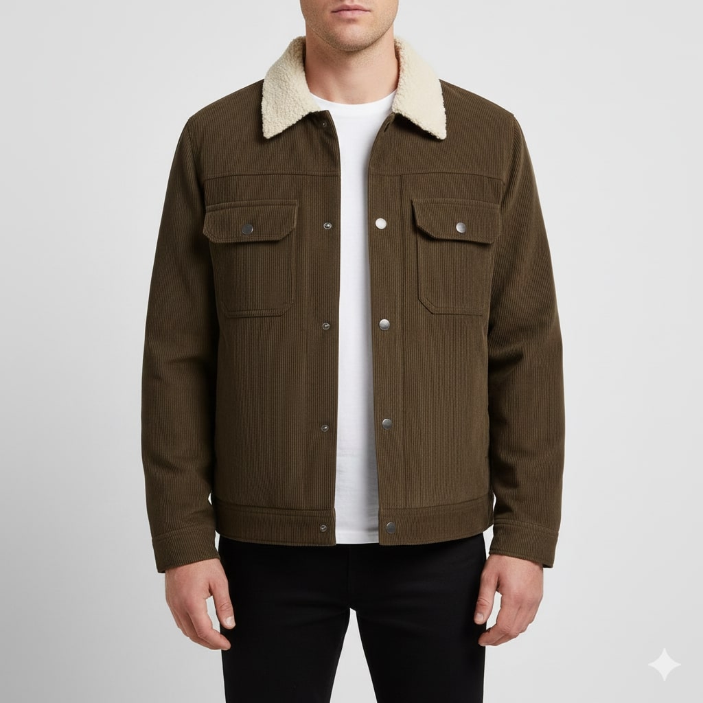 Men's corduroy jacket with textured collar, snap fastening and flap pockets