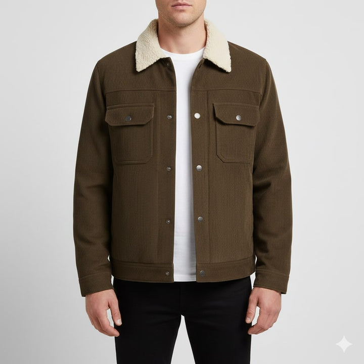 Men's corduroy jacket with textured collar, snap fastening and flap pockets