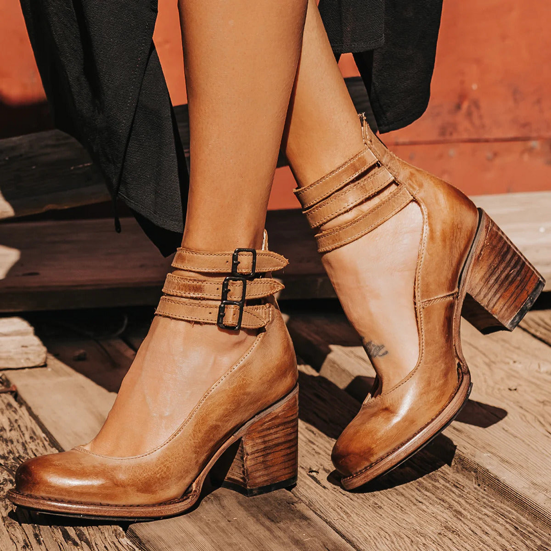 Women's ankle boots with three buckle straps and block heels